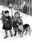 1000BW0488-01
&copy;
Two children and a dog gathering holly in the snow, by Rosa C. Petherick. England, 19th century