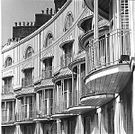 1000JG0027-01
&copy; John Gay
Fa�ade of Building with Iron Balcony, photo John Gay. Surrey, England, 1940s